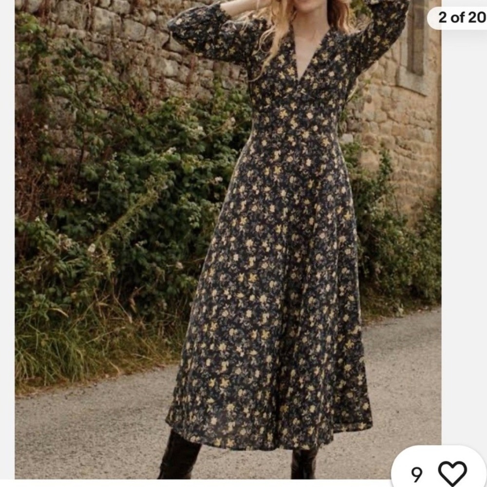 DOEN Charleston Noir Winding Blossoms Floral Midi Dress XXL Organic Cotton Boho - Picture 15 of 16